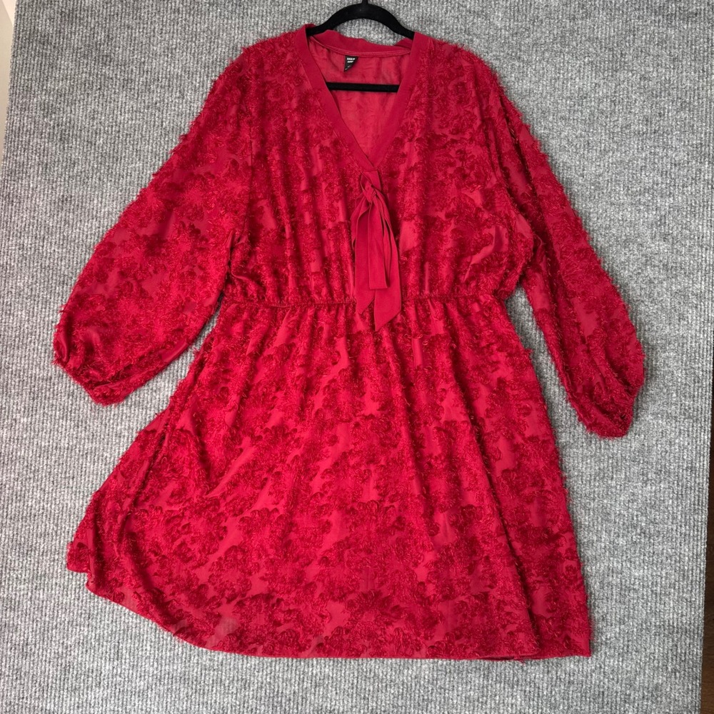 SHEIN Curve 5XL Red Textured Floral Dress V Neck Romantic Vintage Cottagecore‎